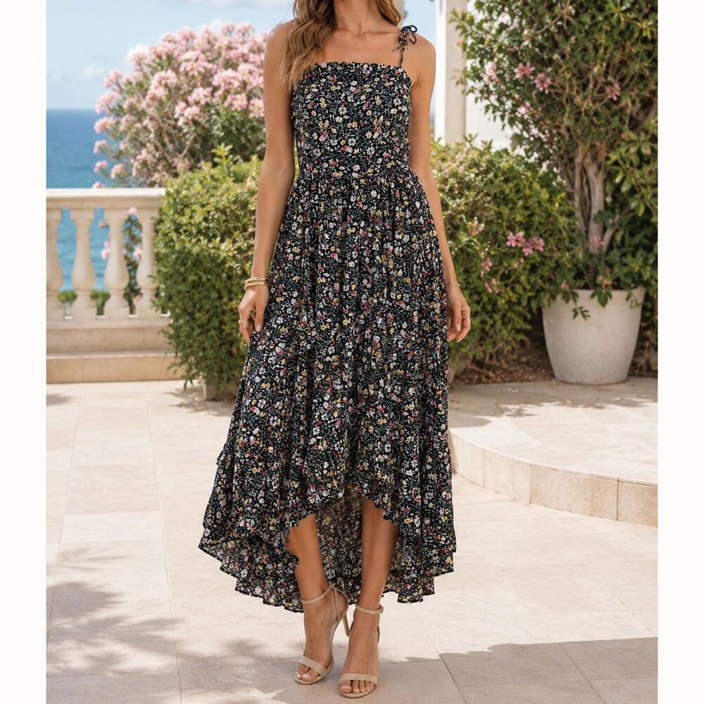 Anthropologie Floral Printed Ruffle Maxi Long Dress Tiered Resort Black M 264541